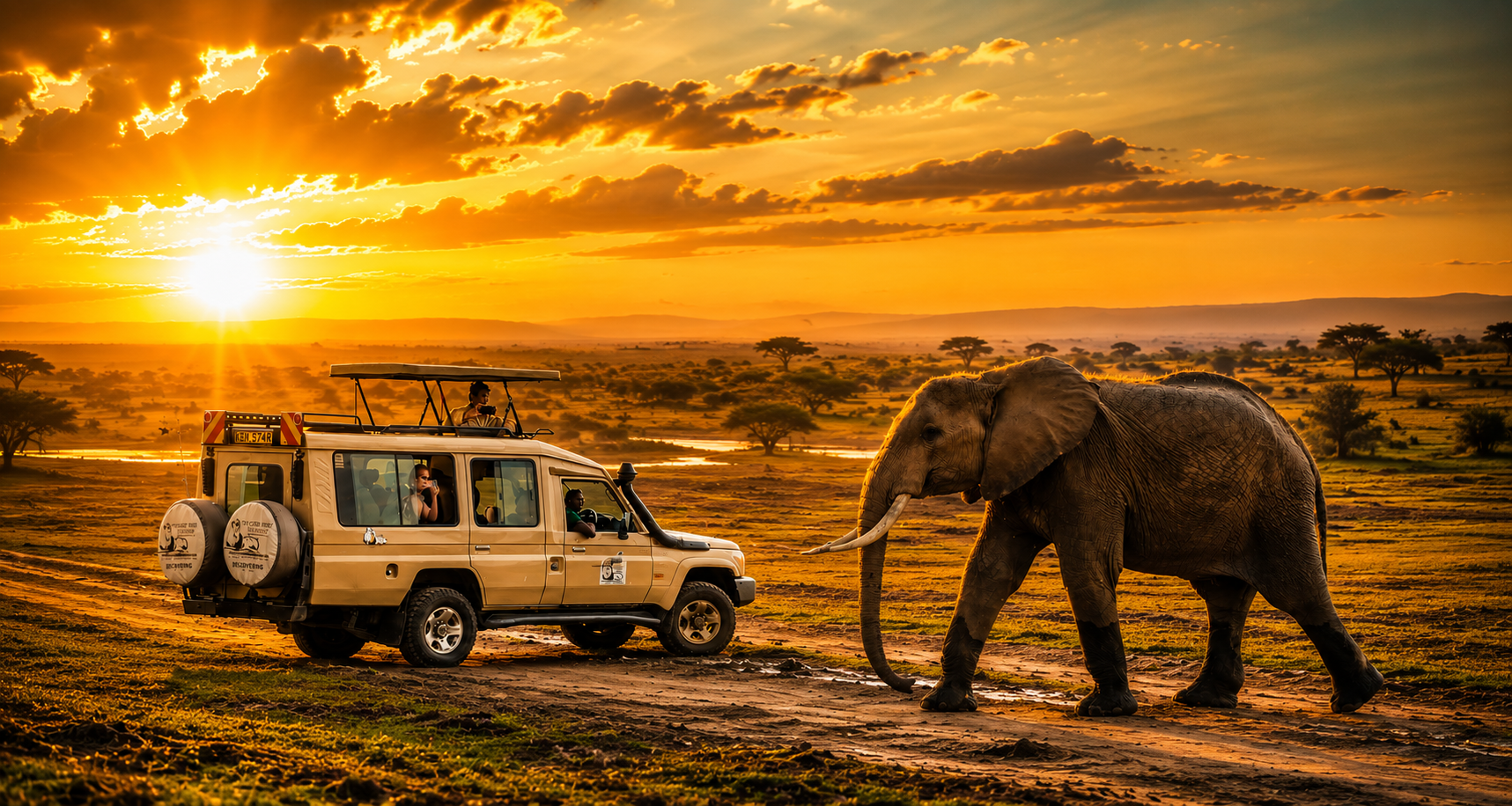 Elephants crossing the savannah at sunset in Kenya