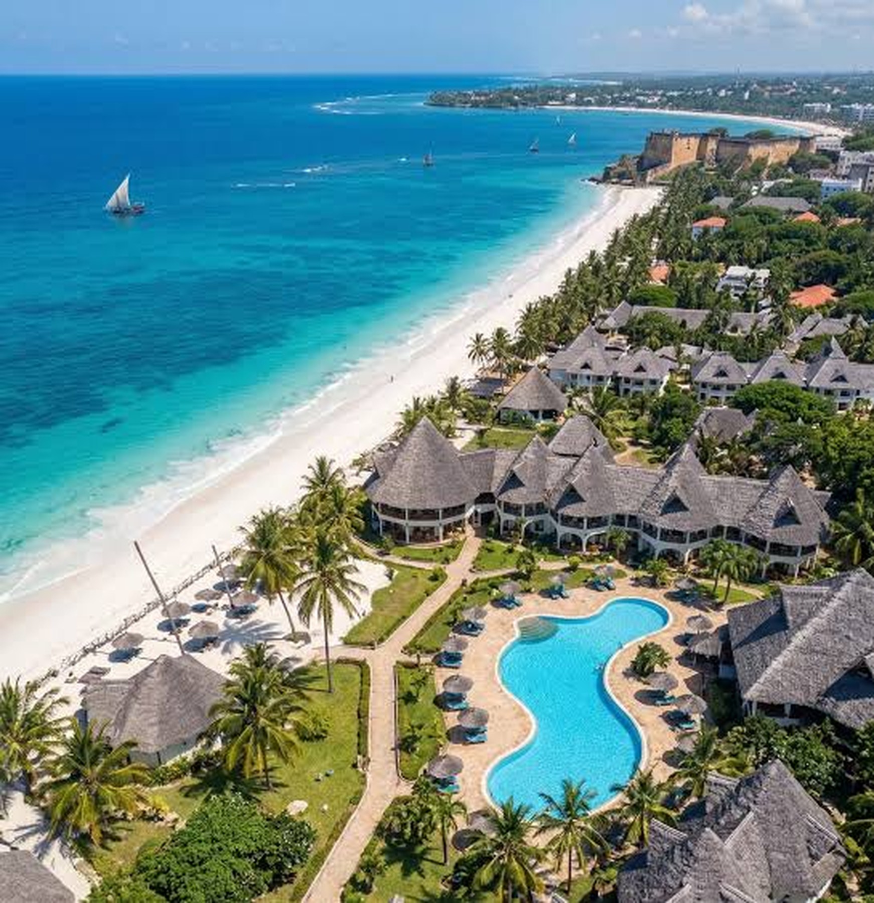 Aerial view of a beachfront resort and pool near Mombasa