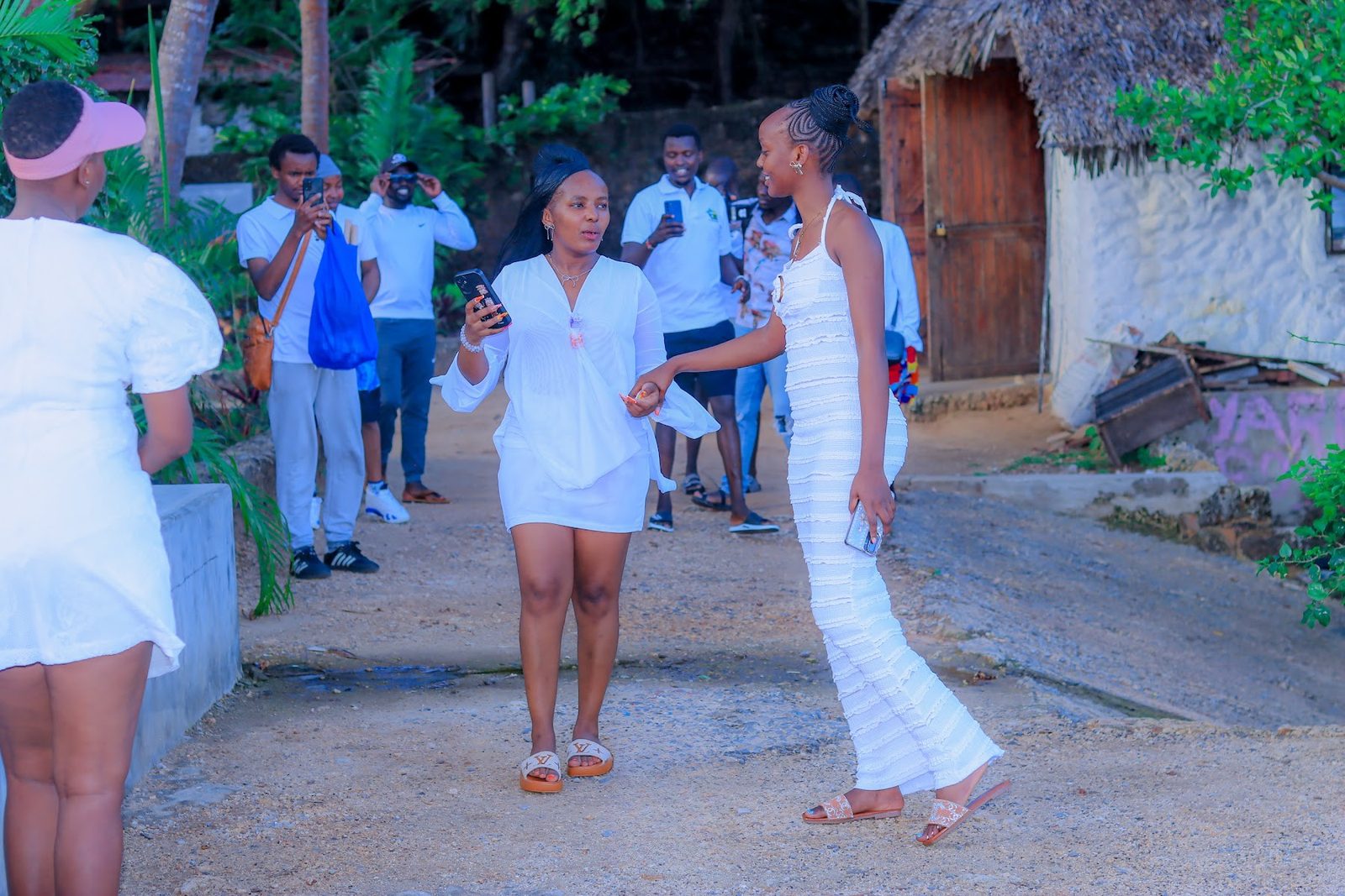Guests dancing on the creek dock before boarding