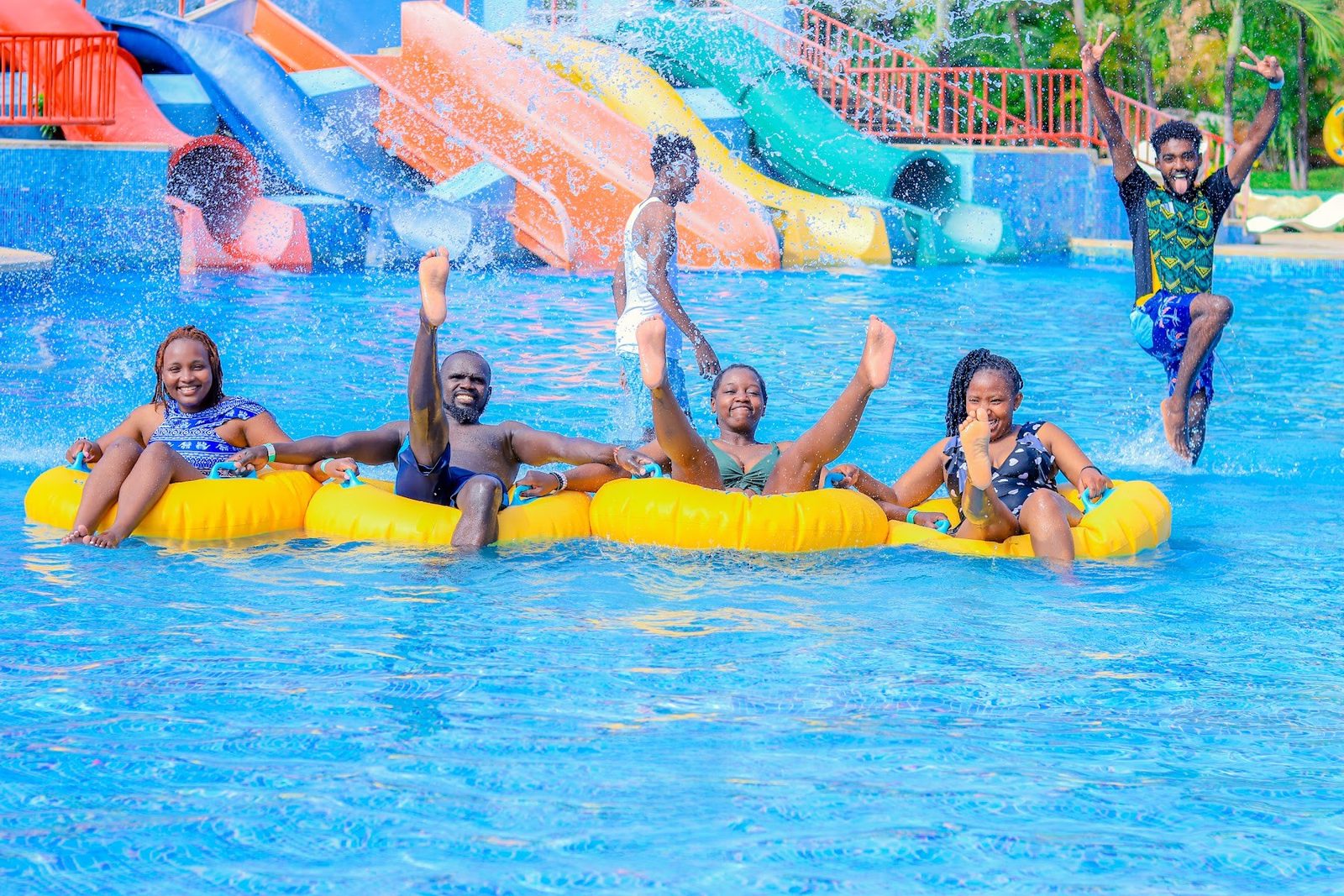 Guests linked up on tubes in the pool